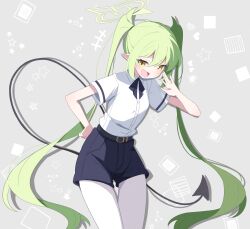 1girl black_shorts blue_archive commentary_request cowboy_shot demon_tail fang green_hair hand_to_own_mouth highres long_hair mesugaki no_jacket nozomi_(blue_archive) panties pantyhose sasanoha_(sasanoha0712) shirt short_sleeves shorts skin_fang solo tail twintails underwear very_long_hair white_panties white_shirt yellow_eyes