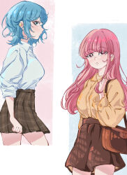 2girls absurdres asahina_yuni bag blue_eyes blue_hair blue_shirt breasts brown_bag brown_shirt brown_skirt collared_shirt commentary cropped_legs dress_shirt earrings hashtag-only_commentary highres jewelry kyou_wa_kanojo_ga_inai_kara long_hair looking_at_viewer medium_breasts medium_hair multiple_girls open_mouth pink_hair plaid_clothes plaid_skirt pleated_skirt rorol_reime school_uniform shirt shirt_tucked_in shoulder_bag sidelocks skirt sleeves_rolled_up star_(symbol) star_earrings taki_fuuko three-quarter_sleeves wolf_cut