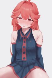 1girl ahoge alternate_hairstyle bare_shoulders black_shirt black_sleeves blush breast_pocket collared_shirt detached_sleeves hair_between_eyes half-closed_eyes highres kasane_teto kasane_teto_(utau) long_sleeves looking_at_viewer messy_hair no_nose number_tattoo open_mouth pocket red_eyes red_hair shirt simple_background sitting skirt sleeveless sleeveless_shirt solo tattoo ur_(ur_o_) utau white_background
