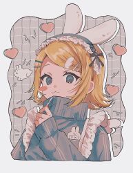 1girl :3 animal_ear_hairband animal_ears blonde_hair blue_eyes blush_stickers closed_mouth eyelashes fake_animal_ears frills hair_ornament hairband hairclip hairpin heart highres kagamine_rin long_sleeves looking_at_viewer medium_hair onemubot rabbit_ear_hairband rabbit_ears screentones single_blush_sticker solo swept_bangs upper_body vocaloid wing_hair_ornament zipper zipper_pull_tab