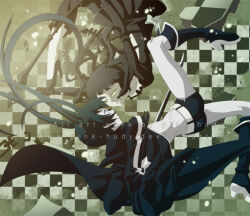 2girls belt black_coat black_dress black_hair black_leggings black_rock_shooter black_rock_shooter_(character) black_shorts blue_eyes boots chain coat dead_master dress green_eyes horns leggings long_hair multiple_girls pale_skin pink-hudy scar scythe shorts sword twintails uneven_twintails weapon