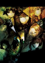 3boys 5girls absurdres akiha_rumiho amane_suzuha beard_stubble black_hair blue_hat bob_cut bow brown_hair dress facial_hair fg204 frilled_hat frills glasses hashida_itaru hat highres huke jitome kiryuu_moeka looking_at_viewer looking_up maid makise_kurisu mayqueen_maid_uniform multiple_boys multiple_girls official_art okabe_rintarou pink_hair purple_eyes ringed_eyes shiina_mayuri short_hair sideburns smile square_pupils steins;gate stubble twintails urushibara_ruka