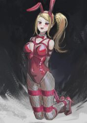 1girl :d absurdres arms_behind_back bdsm between_breasts blonde_hair blush bondage bound bow bowtie braid breasts cailin020 collar covered_navel dark_background detached_collar fishnet_pantyhose fishnets high_heels highres kneeling large_breasts leotard looking_at_viewer open_mouth pantyhose playboy_bunny priscilla_barielle re:zero_kara_hajimeru_isekai_seikatsu red_bow red_bowtie red_eyes red_footwear red_leotard red_rope rope shibari side_ponytail smile solo strapless strapless_leotard traditional_bowtie white_collar