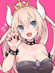 Rule 34 | 1girl, :d, armlet, bare shoulders, black dress, blonde hair, blue eyes, bowsette, bracelet, breasts, chest jewel, claw pose, cleavage, collar, collarbone, commentary, crown, dress, earrings, fangs, female focus, fingernails, hair between eyes, heart, high ponytail, highres, horns, jewelry, looking at viewer, mario (series), nail polish, new super mario bros. u deluxe, nintendo, open mouth, pink background, ponytail, sawara (starligtvision), simple background, smile, solo, spiked armlet, spiked bracelet, spiked collar, spikes, strapless, strapless dress, super crown, thick eyebrows, upper body, v-shaped eyebrows