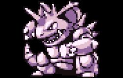 3d animated animated_gif black_eyes claws commentary cortoony creature english_commentary fangs full_body gen_1_pokemon horns lowres nidoking nintendo no_humans pixel_art pokemon pokemon_(creature) pokemon_focus pokemon_rgby purple_theme solo spinning standing transparent_background