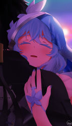 Rule 34 | 1boy, 1girl, absurdres, biggs 09, black hair, black jacket, blue hair, blue nails, blue veil, blush, bug, butterfly, butterfly hair ornament, butterfly on hand, butterfly ornament, commentary, hair ornament, happy, happy tears, highres, hug, hugging object, insect, jacket, light smile, male rover (wuthering waves), nose blush, rover (wuthering waves), shorekeeper (wuthering waves), smile, sunset, tears, two-tone veil, veil, white butterfly, white veil, wuthering waves