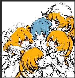 5girls blonde_hair blue_hair clone clone_harem flandre_scarlet hat highres hug llbzqsj medium_hair mob_cap multiple_girls one_eye_closed outline remilia_scarlet spot_color touhou white_background