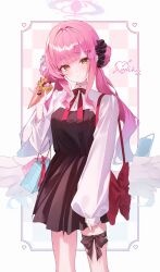 1girl absurdres alternate_costume artist_name bag blue_archive breasts brown_dress buttons character_name checkered_background commentary crepe double_bun dress food fruit hair_bun halo hand_up highres holding holding_bag holding_crepe holding_food inset_border leg_ribbon long_hair long_sleeves looking_at_viewer low_twintails medium_breasts mika_(blue_archive) neck_ribbon pink_hair pink_halo pout red_bag red_ribbon ribbon shiina_1001 shirt shopping_bag shoulder_bag solo standing strawberry symbol-only_commentary thigh_ribbon thighs twintails white_background white_shirt white_wings wings yellow_eyes