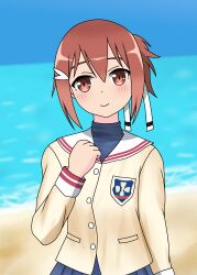 Rule 34 | 1girl, absurdres, amitariri, beach, blue skirt, blush, brown eyes, brown hair, clannad, closed mouth, cosplay, day, emblem, furukawa nagisa, furukawa nagisa (cosplay), hair between eyes, hair ornament, hair ribbon, highres, hikarizaka private high school uniform, jacket, long sleeves, looking at viewer, ocean, outdoors, pleated skirt, ponytail, red eyes, red hair, ribbon, sailor collar, school uniform, short hair, skirt, smile, solo, water, white ribbon, white sailor collar, yuuki yuuna, yuuki yuuna wa yuusha de aru, yuusha de aru