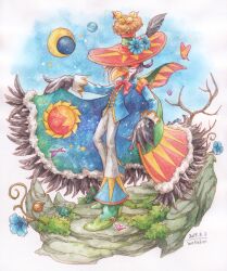Rule 34 | 1boy, 2019, artist name, beak, bird, bird boy, black feathers, blue flower, blue jacket, border, bow, branch, bug, butterfly, cape, commentary request, feathers, flower, full body, fur-trimmed cape, fur trim, green cape, green shoes, hat, hat feather, hat flower, insect, jacket, legend of mana, male focus, moss, multicolored cape, multicolored shoes, night, night sky, orange butterfly, pants, pink butterfly, planet, pokiehl, purple butterfly, red bow, red cape, red hat, rock, seiken densetsu, shoes, sky, smile, solo, standing, star (sky), stone walkway, triangle, two-tone hat, two-tone shoes, watakei (16161717), white border, white hair, white pants, yellow cape, yellow hat, yellow trim