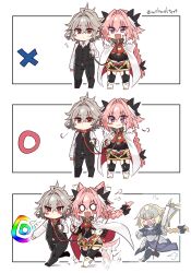 &gt;o&lt; 1girl 2boys :d angry animal_ears armor armored_skirt astolfo_(fate) black_bow black_garter_straps black_pants black_shirt black_thighhighs black_vest blank_eyes blonde_hair blush_stickers boots bow braid breasts cape chasing chibi circle closed_mouth dog_ears dog_tail dot_mouth fang fate/apocrypha fate_(series) faulds flying_sweatdrops fur-trimmed_cape fur_trim garter_straps gauntlets grey_hair grey_leash hair_between_eyes hair_bow hair_intakes haoro headpiece highres holding holding_leash jeanne_d&#039;arc_(fate) leash long_braid long_hair medium_breasts multicolored_hair multiple_boys no_mouth open_mouth pants pink_hair purple_eyes rainbow red_eyes red_leash shirt short_eyebrows sieg_(fate) single_braid skin_fang smile solid_circle_eyes standard_bearer streaked_hair sweatdrop tail tail_wagging thighhighs trap two-sided_cape two-sided_fabric two-tone_hair vest white_cape white_footwear white_hair white_shirt x yaoi