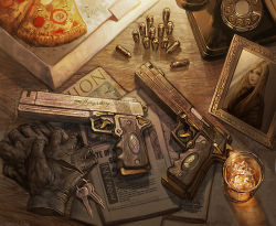 Rule 34 | 1girl, alcohol, ammunition, antique phone, blonde hair, bullet, capcom, corded phone, devil may cry (series), ebony (devil may cry), et.m, eva (devil may cry), eva (dmc), fingerless gloves, food, glass, gloves, gun, handgun, handgun cartridge, ice, ivory (devil may cry), key, keyring, long hair, m1911, newspaper, phone, photo (object), picture frame, pistol cartridge, pizza, rotary phone, smile, table, weapon, whiskey