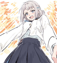 Rule 34 | 1girl, black skirt, blazer, blue eyes, blue ribbon, blush, braid, bullfalk, cowboy shot, gakuen idolmaster, grey hair, hair ribbon, hatsuboshi gakuen school uniform, highres, idolmaster, jacket, katsuragi lilja, long sleeves, looking at viewer, open mouth, orange background, pleated skirt, ribbon, ribbon braid, school uniform, shirt, skirt, solo, sweatdrop, teeth, v-shaped eyebrows, white jacket, white shirt