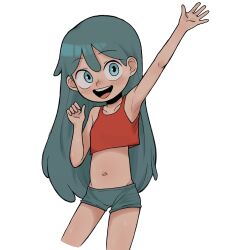 1girl :d archived_source arm_up armpits bad_id bad_pixiv_id collarbone crop_top green_shorts hilda_(hilda) hilda_(series) loli looking_at_viewer malin_o&#039;jinger midriff navel open_mouth red_shirt shirt shorts simple_background smile solo sweatdrop teeth upper_teeth_only white_background