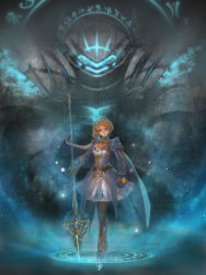 Rule 34 | 1girl, armor, blonde hair, blue eyes, female focus, haoyuan, highres, magic circle, mecha, pixiv fantasia, pixiv fantasia 5, ponytail, robot, solo, weapon