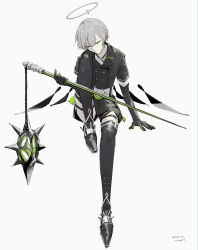 1boy absurdres arene_(arknights) arknights arm_support artist_name black_gloves black_jacket black_shoes black_thighhighs buttons commentary dated double-breasted elbow_gloves energy_wings english_commentary flail full_body garter_straps gloves grey_hair grey_halo halo highres holding holding_flail holding_weapon invisible_chair jacket knee_up looking_to_the_side male_focus pppmepl shoes short_hair short_sleeves simple_background sitting solo spiked_shoes spikes thigh_strap thighhighs traditional_halo very_short_hair weapon white_background