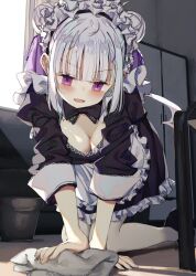 1girl :d apron black_footwear blunt_bangs blush breasts bucket cleaning cleavage cleavage_cutout clothing_cutout commentary_request dress frilled_dress frills holding indoors kamizaki_hibana kneeling looking_at_viewer maid maid_apron maid_headdress medium_breasts medium_hair on_floor open_mouth original pink_eyes cleaning_rag sidelocks three-quarter_sleeves smile solo v-shaped_eyebrows window