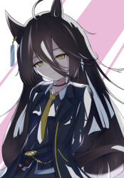 Rule 34 | 1girl, absurdres, ahoge, akabane ruka, animal ears, belt, black belt, black choker, black coat, black hair, black vest, choker, closed mouth, coat, collared shirt, ear tag, earrings, grey hair, hair between eyes, hem peeking out, highres, horse ears, horse girl, horse tail, jewelry, light blush, long bangs, long hair, long hair between eyes, looking at viewer, manhattan cafe (umamusume), multicolored hair, necktie, open clothes, open coat, shaded face, shirt, single earring, smile, solo, tail, umamusume, very long hair, vest, white shirt, yellow eyes, yellow necktie