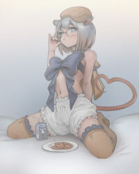 1girl :&lt; absurdres adjusting_eyewear animal_ears arm_behind_back bloomers bob_cut brown_hat brown_thighhighs clauvio_(vtuber) commentary cookie detached_collar english_commentary flat_chest food full_body glasses grey_eyes grey_hair hat heart heart_tail highres indie_virtual_youtuber medium_hair milk_carton mouse_ears mouse_girl mouse_tail navel one_eye_closed plate sitting solo tail thighhighs underwear virtual_youtuber white_bloomers zhjake