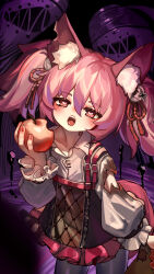 1girl absurdres animal_ear_fluff animal_ears apple arknights food fox_ears fruit heart heart-shaped_pupils highres holding holding_food holding_fruit kourou_(kouroukun) open_mouth pantyhose pink_hair shamare_(arknights) shirt solo symbol-shaped_pupils tail twintails white_shirt