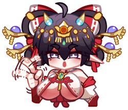 1girl areola_slip black_hair breast_curtains breasts chibi chibi_only chinese_commentary finger_wagging gigantic_breasts hair_ornament hair_rings hair_stick haitai_(haitai_umita) haitai_umita indie_virtual_youtuber lactation looking_at_viewer lowres nontraditional_miko pointy_ears purple_eyes solo virtual_youtuber