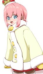 1boy arched_crown black_pantyhose blue_eyes breath buttons cape coat commentary cowboy_shot crown fur-trimmed_coat fur_trim highres long_sleeves looking_at_viewer male_focus mini_crown mittens motimoti_mgmg ocean_prince open_mouth pantyhose pink_hair puyopuyo puyopuyo_quest red_cape red_sweater salde_canarl_shellbrick_iii salde_canarl_shellbrick_iii_(midwinter) short_hair simple_background sleeves_past_wrists smile solo sparkling_eyes sweater thighhighs white_background white_coat white_thighhighs winter_clothes winter_coat yellow_mittens