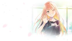 1girl artist_request black_shirt blunt_bangs blurry blurry_background blush center-flap_bangs clothes_writing crop_top cropped_shirt dot_nose double-parted_bangs english_text falling_petals gakuen_idolmaster green_eyes grin hand_up highres idolmaster long_hair looking_at_viewer mole mole_under_eye off-shoulder_shirt off_shoulder official_art one_eye_closed open_hand orange_hair petals print_shirt shirt shiun_sumika smile solo spaghetti_strap upper_body waving window window_blinds