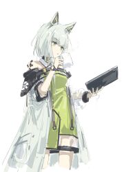 1girl animal_ears arknights bare_shoulders coffee_mug commentary cropped_legs cup dress drink fuyukono green_dress green_eyes grey_hair highres holding holding_drink kal&#039;tsit_(arknights) looking_down material_growth mug oripathy_lesion_(arknights) parted_lips short_hair_with_long_locks sketch solo standing steam watch wristwatch