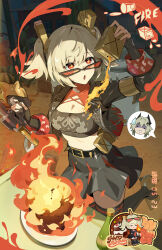 2girls absurdres black_gloves black_skirt black_thighhighs blonde_hair burnice_white caesar_king_(zenless_zone_zero) fingerless_gloves gloves green_hair highres holding jacket medium_hair multiple_girls navel official_art open_clothes open_jacket red_eyes skirt solo_focus sparkling_eyes spoken_character stomach sweatdrop thighhighs two_side_up zenless_zone_zero