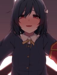 armband backlighting black_hair blush bob_cut collared_shirt commentary_request fang female_pov hair_ribbon highres indoors jacket looking_at_viewer love_live! love_live!_nijigasaki_high_school_idol_club mifune_shioriko nasuno_(nasuno42) neck_ribbon nijigasaki_school_uniform open_mouth pov red_eyes ribbon school_uniform shirt short_hair uehara_ayumu winter_uniform yukadon yuri