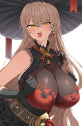 1girl alternate_breast_size black_gloves black_hat blush breasts brown_hair butterfly_brooch butterfly_ornament commentary_request commission elbow_gloves fuooooo gloves gold_trim hat highres huge_breasts lace_dress long_hair looking_at_viewer nijisanji nui_sociere nui_sociere_(8th_costume) open_mouth pixiv_commission see-through_cleavage see-through_clothes single_bare_shoulder smile solo upper_body virtual_youtuber witch_hat yellow_eyes