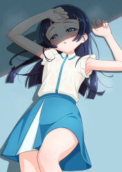 Rule 34 | 1girl, aokaze nana, arched bangs, armpit peek, armpits, arms up, bare legs, blue background, blue eyes, blue hair, blue skirt, blue trim, blush, collared shirt, commentary, cowboy shot, crack of light, curled fingers, frilled sleeves, frills, hair ornament, half-closed eyes, hand on own head, heat stroke, highres, kimi to idol precure, knee up, long hair, looking at viewer, lying, on back, on floor, open mouth, pleated skirt, precure, shadow, shirt, short sleeves, sidelighting, simple background, skirt, solo, steam, steaming body, sweat, sweaty clothes, tiler (tiler00), very sweaty, wet, wet clothes, wet shirt, white shirt, x hair ornament