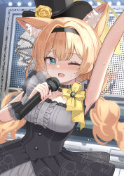 1girl ;d absurdres animal_ear_fluff animal_ears aoraine arm_up armpits bare_shoulders black_dress black_hairband black_hat black_headband blue_archive blue_eyes blush breasts breath cat_ears center_frills choker commentary_request cowboy_shot dress eyelashes flower frilled_choker frilled_dress frills hair_between_eyes hair_intakes hairband halo hand_up hat hat_flower headband highres holding holding_microphone idol idol_clothes looking_at_viewer low_twintails mari_(blue_archive) mari_(idol)_(blue_archive) medium_breasts microphone nose_blush official_alternate_costume official_alternate_hairstyle one_eye_closed open_mouth orange_hair ribbon rose sleeveless sleeveless_dress smile solo stage sweat top_hat tsurime twintails yellow_flower yellow_halo yellow_ribbon yellow_rose