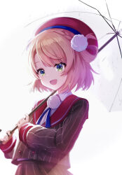 1girl :d beret blonde_hair blue_ribbon blunt_bangs braid buttons collared_shirt double-breasted dress_shirt green_eyes grey_jacket grey_skirt hair_ornament hair_rings hat highres holding holding_umbrella indie_virtual_youtuber jacket long_sleeves looking_at_viewer mocchan_(mo_chan0225) neck_ribbon open_mouth open_umbrella overexposure pinstripe_jacket pinstripe_pattern pinstripe_skirt pleated_skirt pom_pom_(clothes) pom_pom_hair_ornament red_hat red_sailor_collar ribbon sailor_collar school_uniform shigure_ui_(vtuber) shigure_ui_(vtuber)_(1st_costume) shirt short_hair side_braid skirt sleeve_cuffs smile solo swept_bangs umbrella upper_body virtual_youtuber white_background white_shirt