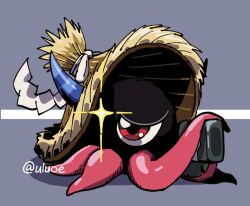 digimon digimon_(creature) full_body gasamon glint grey_background hat holding holding_sword holding_weapon katana one-eyed red_eyes simple_background straw_hat sword uluoe weapon