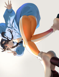 1girl absurdres black_hair blue_hoodie choker cube_hair_ornament from_below hair_ornament highres hood hoodie lida_(pokemon) long_hair long_sleeves momdy_(talesshinja) nintendo pokemon pokemon_legends:_z-a shirt topknot two-tone_legwear v
