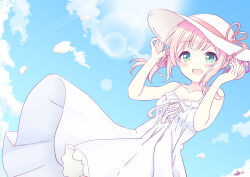 1girl blue_sky breasts christine_ketoura dress hat highres iris_mysteria! k_(nura-rikuo) pink_hair sky small_breasts smile sun