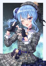 Rule 34 | 1girl, ;d, absurdres, allymidorikawa, ascot, belt, beret, black gloves, blue ascot, blue belt, blue choker, blue eyes, blue hair, choker, crown, gloves, hair ribbon, hands up, hat, heart, heart hands, highres, hololive, hoshimachi suisei, hoshimachi suisei (1st costume), mini crown, one eye closed, open mouth, partially fingerless gloves, plaid clothes, plaid hat, plaid shirt, plaid skirt, ribbon, shirt, side ponytail, skirt, sky, smile, solo, star (sky), star (symbol), star choker, star in eye, starry sky, symbol in eye, upper body, virtual youtuber