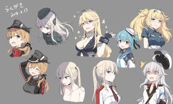 Rule 34 | 6+girls, ^^^, ^ ^, ahoge, bad id, bad pixiv id, blouse, blue neckerchief, blue shirt, breast pocket, closed eyes, cnm, gambier bay (kancolle), gangut (kancolle), garrison cap, graf zeppelin (kancolle), grey background, hair between eyes, hat, highres, iowa (kancolle), kantai collection, multiple girls, multiple views, neckerchief, peaked cap, pocket, prinz eugen (kancolle), red shirt, samuel b. roberts (kancolle), school uniform, serafuku, shaded face, shirt, simple background, star-shaped pupils, star (symbol), symbol-shaped pupils, u-511 (kancolle)