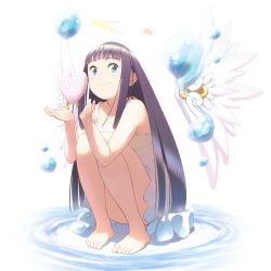 Rule 34 | 1girl, bare shoulders, barefoot, blue eyes, cupping hands, detached wings, dress, feet, female focus, heart, highres, hime cut, legs, long hair, noraico, original, own hands together, purple hair, ripples, smile, solo, squatting, toes, water, water drop, white background, wings