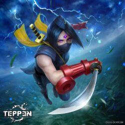 blue_hair capcom cloud cloudy_sky electricity energy field gem_on_head glowing glowing_eyes glowing_gem grass hat katana kuroiwa_enu leotard lightning muscular muscular_arms muscular_female night official_art overcast purple_eyes running satsuki_(street_fighter) scarf short_hair sky storm street_fighter street_fighter_alpha_3 sword teppen weapon