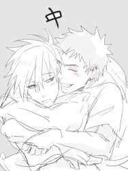 Rule 34 | 2boys, blush, closed eyes, grin, hatake kakashi, hug, hugging object, looking at another, male focus, mole, mole under mouth, multiple boys, naruto (series), naruto shippuuden, pillos, pillow, pillow hug, short hair, smile, spiked hair, uchiha obito, vosovic, yaoi