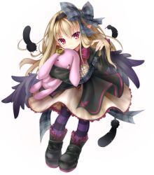 black_boots black_dress black_hairband black_ribbon black_wings blonde_hair boots dark_feather_alma dress emil_chronicle_online feathers hairband holding holding_stuffed_toy long_hair looking_at_viewer maou_mikage purple_thighhighs red_eyes ribbon striped_clothes striped_thighhighs stuffed_toy thighhighs white_background wings