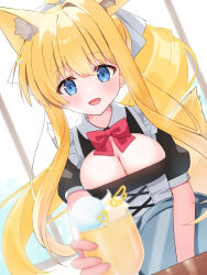 Rule 34 | 1girl, air (visual novel), alternate costume, animal ear fluff, animal ears, apron, black dress, blonde hair, blue eyes, bow, bowtie, breasts, cleavage, cleavage cutout, clothing cutout, cup, dress, foreshortening, fox ears, fox girl, fox tail, frilled apron, frills, hair ribbon, haruchimo, highres, holding, holding cup, holding tray, ice cream cup, indoors, kamio misuzu, kemonomimi mode, long hair, looking at object, maid, medium breasts, open mouth, red bow, red bowtie, ribbon, smile, solo, tail, tray, very long hair, white apron, white ribbon