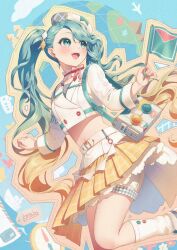Rule 34 | 1girl, aqua eyes, aqua hair, aqua nails, bag, belt, beret, blonde hair, blush, cropped jacket, flag, gradient hair, hat, hatsune miku, highres, holding, holding flag, jacket, kirisaki shuusei, long hair, long sleeves, magical mirai (vocaloid), magical mirai miku, magical mirai miku (2024), midriff, multicolored hair, navel, official alternate costume, official alternate hairstyle, open mouth, pink nails, pleated skirt, shoes, shorts, shorts under skirt, shoulder bag, skirt, smile, solo, stomach, twintails, very long hair, vocaloid, white belt, white hat, white jacket, white shoes, yellow skirt