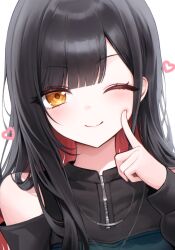 absurdres bare_shoulders black_hair black_shirt blunt_bangs chain chain_necklace close-up closed_mouth clothing_cutout colored_inner_hair finger_to_cheek green_shirt heart highres jewelry lie_07 long_hair long_sleeves looking_at_viewer multicolored_hair multiple_necklaces necklace one_eye_closed orange_eyes parted_bangs project_sekai red_hair shiraishi_an shirt shoulder_cutout silver_necklace simple_background smile straight_hair swept_bangs two-tone_hair two-tone_shirt white_background zipper