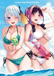 2girls :d ;d aiming aiming_at_viewer aqua_hair arm_up bikini black_hair black_nails blue_eyes blue_flower blue_rose blue_sky bob_cut breasts cleavage cloud copyright_name cover cover_page cross_hair_ornament cumulonimbus_cloud earclip earrings flower gluteal_fold gun hair_flower hair_ornament halterneck high_ponytail highres hiiragi_seraphy holding holding_gun holding_weapon honey_trap_shared_house jewelry kouzuki_kouichi leaf_print long_hair manga_cover medium_breasts multicolored_hair multiple_girls navel ocean official_art one_eye_closed open_mouth parted_bangs pink_hair ponytail red_eyes rose side-tie_bikini_bottom sky smile standing streaked_hair string_bikini stud_earrings swimsuit third-party_source underboob wading wang_hyouka water_gun waves weapon wet