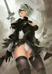 Rule 34 | 1girl, 2b (nier:automata), blindfold, female focus, highres, katana, leotard, lips, mole, mole under mouth, nier:automata, nier (series), parted lips, patipat asavasena, pod (nier:automata), short hair, skindentation, solo, sword, thighs, weapon, white hair, white leotard