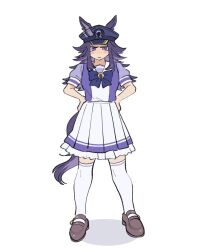 1girl animal_ears black_hat bow bowtie brown_shoes ears_through_headwear fenomeno_(umamusume) flipped_hair hands_on_own_hips hat highres horse_ears horse_girl horseshoe_hat_ornament horseshoe_ornament loafers long_hair looking_at_viewer peaked_cap pleated_skirt puffy_short_sleeves puffy_sleeves purple_bow purple_bowtie purple_eyes purple_hair purple_shirt sailor_collar sailor_shirt school_uniform shirt shoes short_sleeves simple_background skirt solo standing striped_hat thighhighs tracen_school_uniform umamusume usami_(pu_vo4) white_background white_skirt white_thighhighs