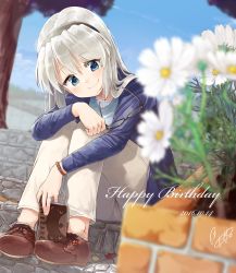 00s 10s 1girl 2016 blue_eyes blue_jacket blurry brick brown_shoes clannad cross-laced_footwear daisy_(flower) dated day depth_of_field female_focus flower glasses hairband happy_birthday head_tilt holding holding_removed_eyewear hugging_own_legs jacket leaning_forward legs_together long_hair long_sleeves looking_at_viewer naka_akira notepad open_clothes open_jacket outdoors pants plant sakagami_tomoyo shoelaces shoes signature silver_hair sitting sitting_on_stairs sky smile solo stairs tree unworn_eyewear white_pants
